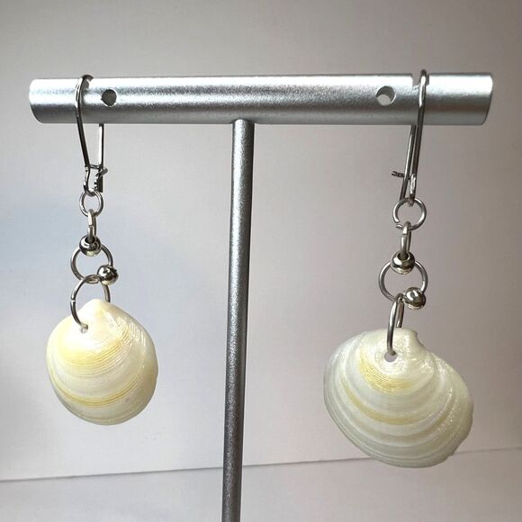 Dangle Earring Genuine Handcrafted Seashell Yellow Orange Hue Beach Coastal - Picture 2 of 8